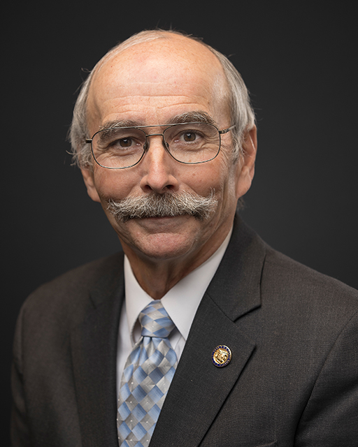 Senator dressed in dark blazer, white collared shirt, and blue and grey neck tie.