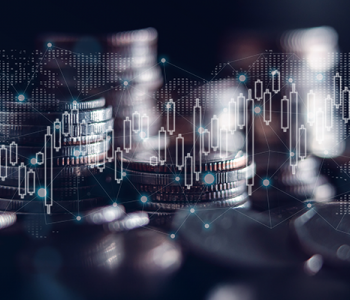 Stack of coins on a dark blue background overlaid by a graph.