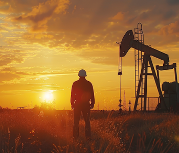 Silhouette of an oil worker at sunrise.
